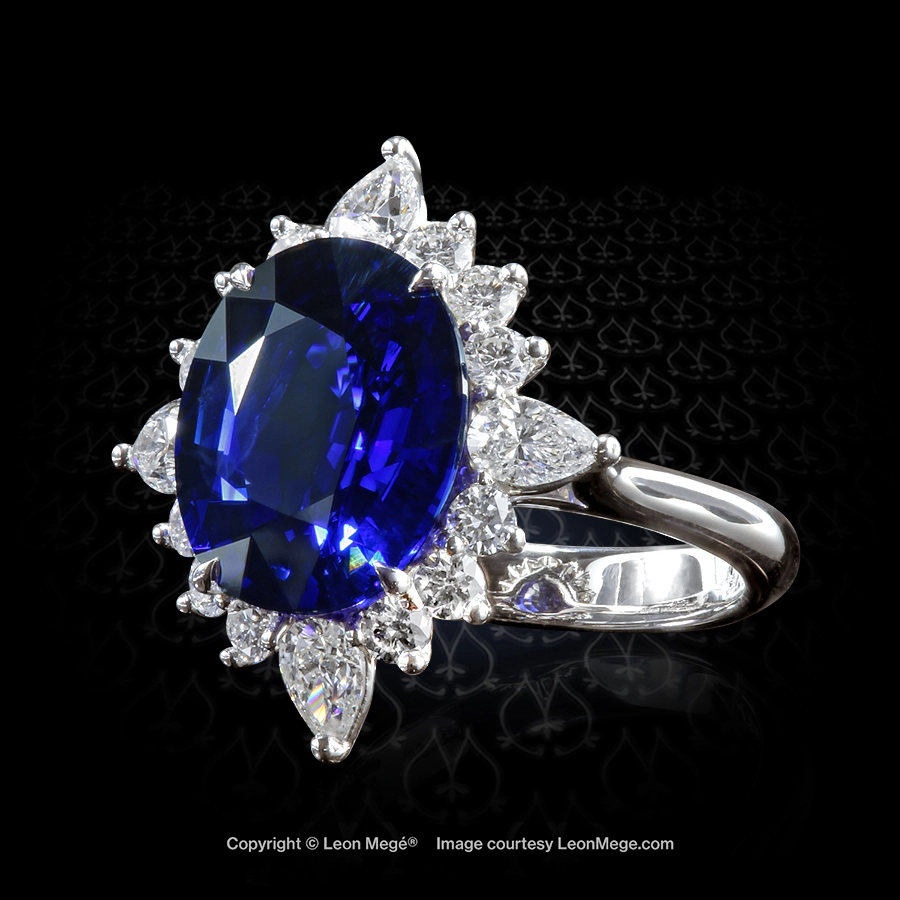 Leon Megé exclusive "Rose of the Winds" right-hand ring with a natural blue oval Burma sapphire in a fancy diamond cluster r7516