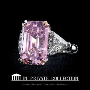 Three-stone ring with pink emerald cut diamond and diamond shields by Leon Mege