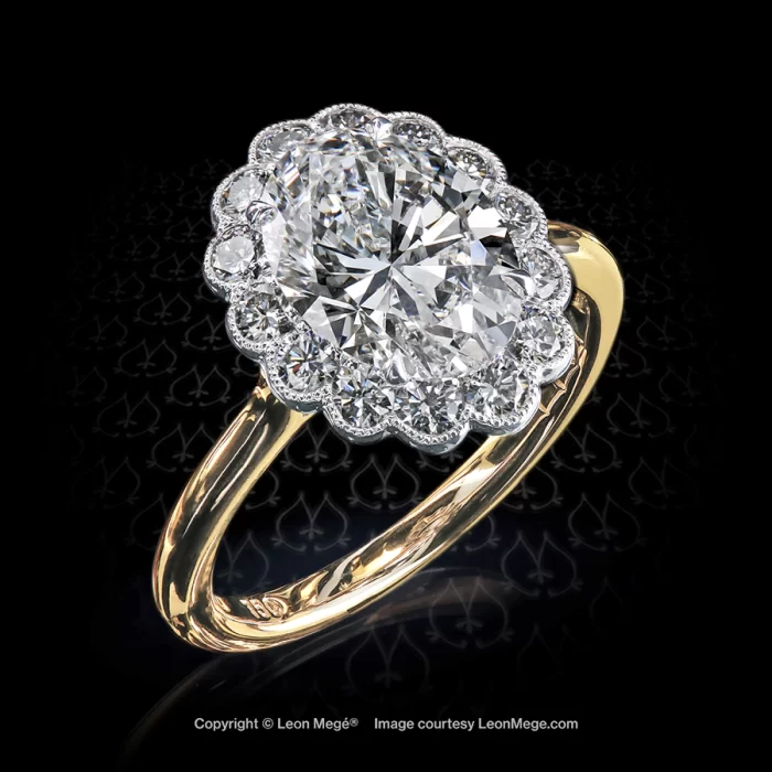 Leon Megé two-tone oval and round diamonds cluster ring with millgrain r7737