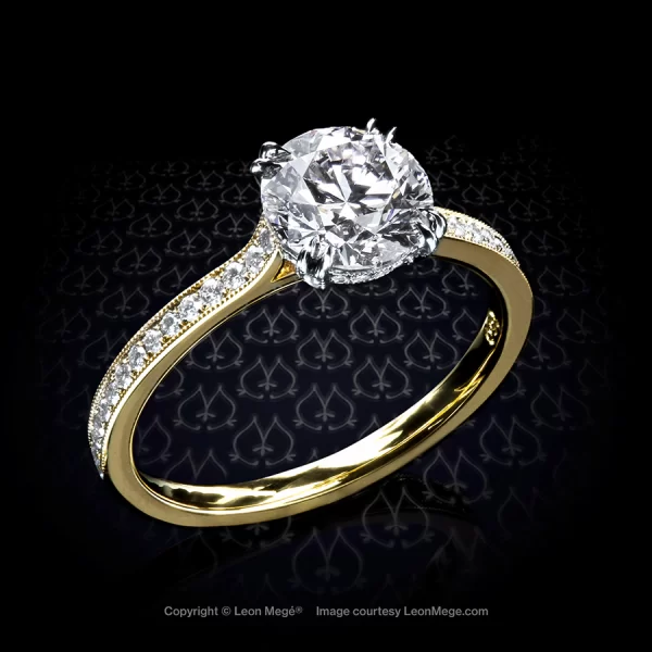Leon Megé 311™ two-tone cathedral engagement ring with a round diamond in double-claw prongs r7635