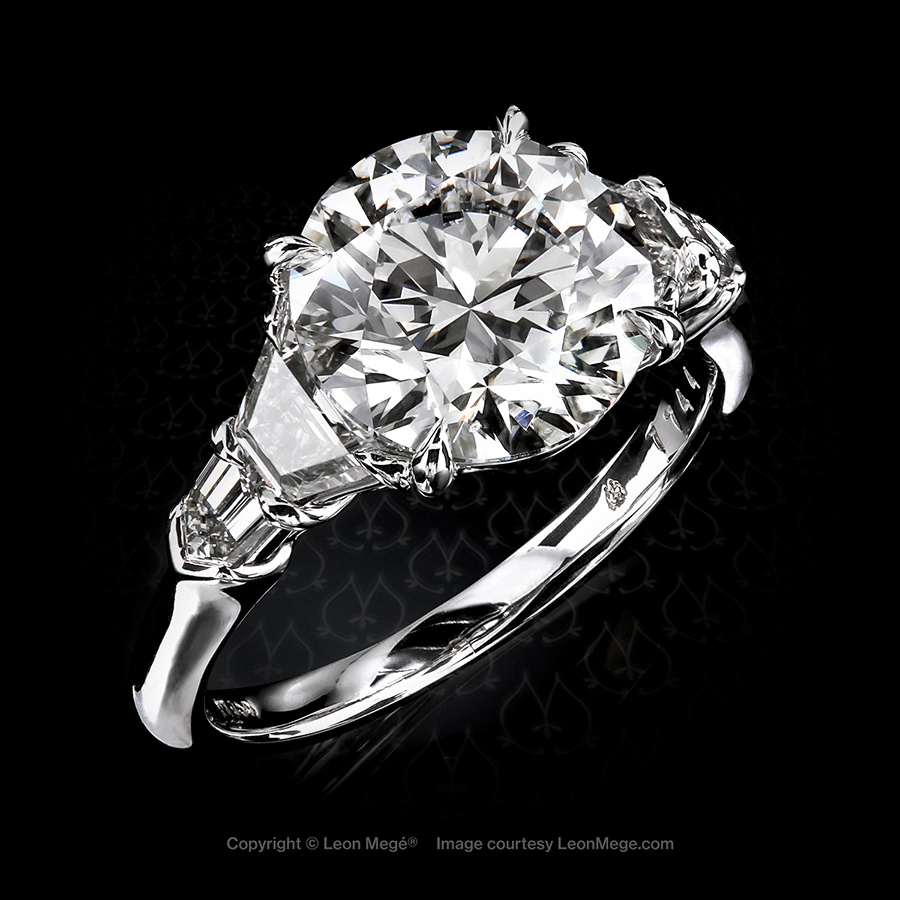 Classic five-stone ring with round diamond step cut trapezoids and diamond bullets handmade by Leon Mege