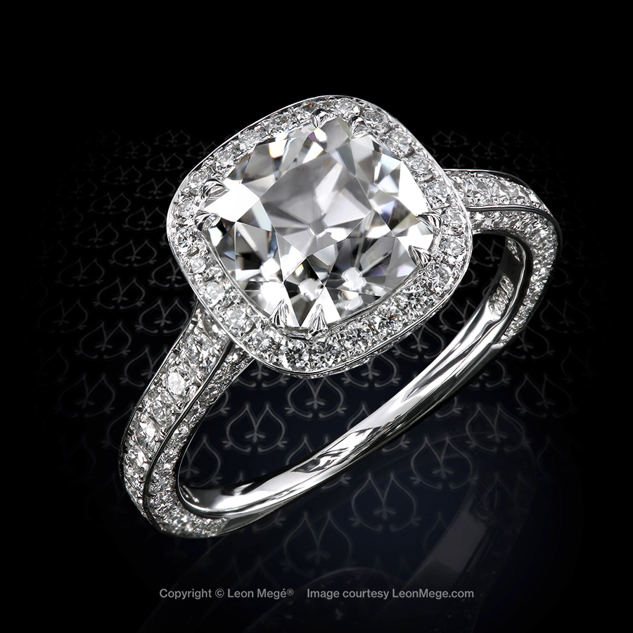 Heidy™ halo ring, featuring antique cushion moissanite and diamond pave by Leon Mege