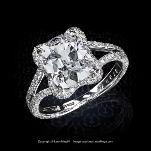 Gina custom cushion diamond engagement ring with split shank and micro pave by Leon Mege.