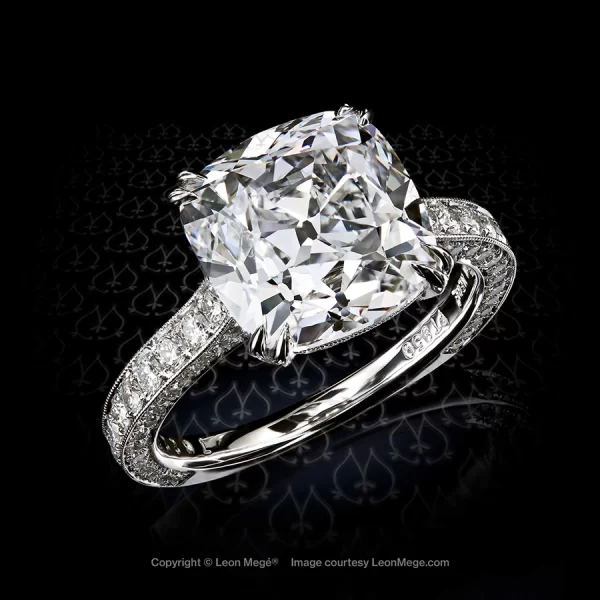 Leon Megé 313™ solitaire set with a True Antique™ cushion diamond and pave with millgrain r7622
