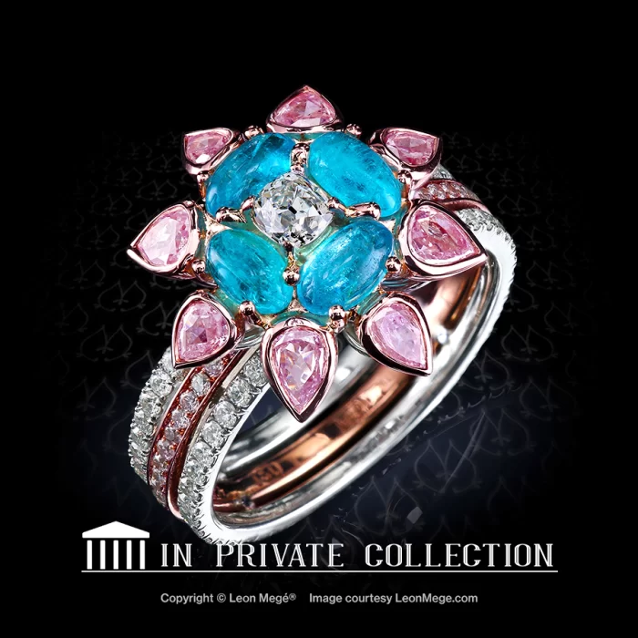 Cluster ring with cabochon Paraiba tourmalines and natural pink and white diamonds by Leon Mege