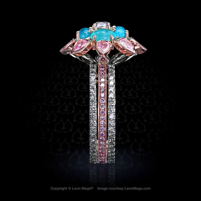 Leon Mege beautiful right-hand ring with a multi-layered cluster of natural pink and white diamonds and natural Brazilian Paraiba cabs r7786