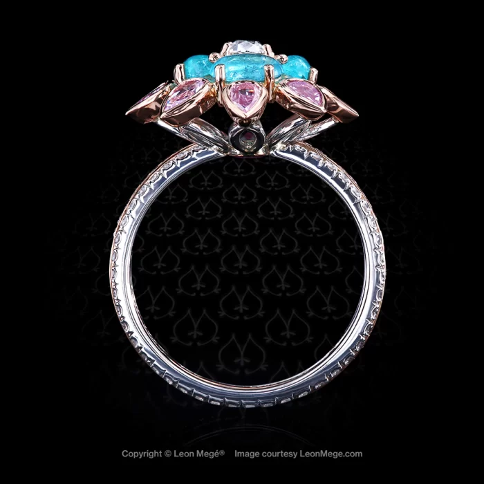 Leon Mege beautiful right-hand ring with a multi-layered cluster of natural pink and white diamonds and natural Brazilian Paraiba cabs r7786