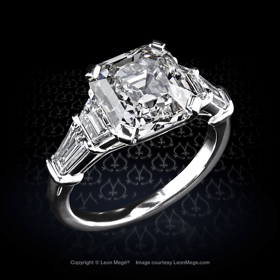 Five-stone ring with 4.44 carat asscher cut diamond and diamond trapezoids and baguettes custom made by Leon Mege