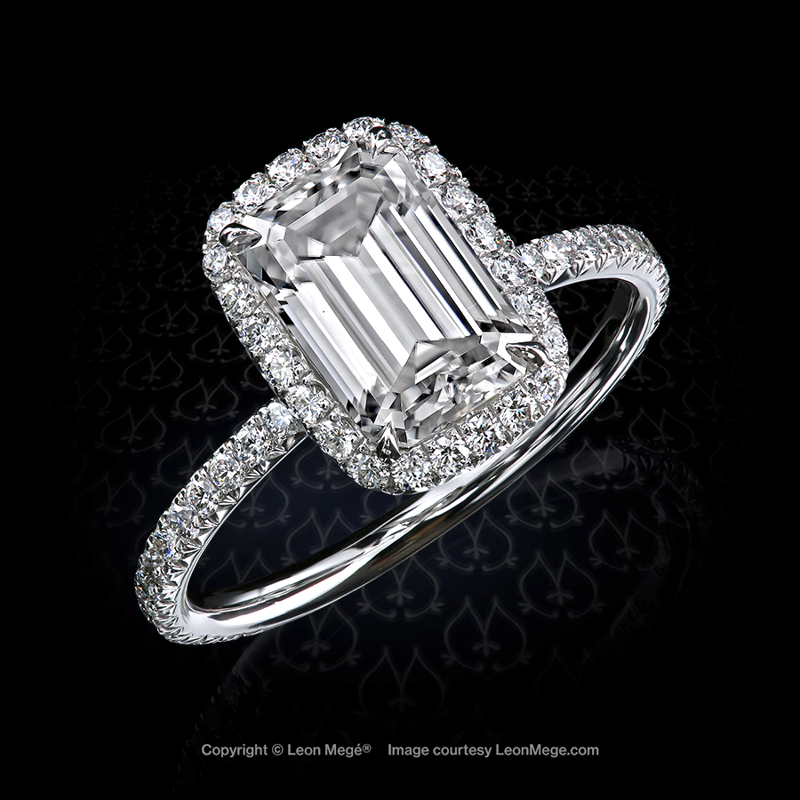 811™ halo ring, featuring emerald cut white moissanite by Leon Mege