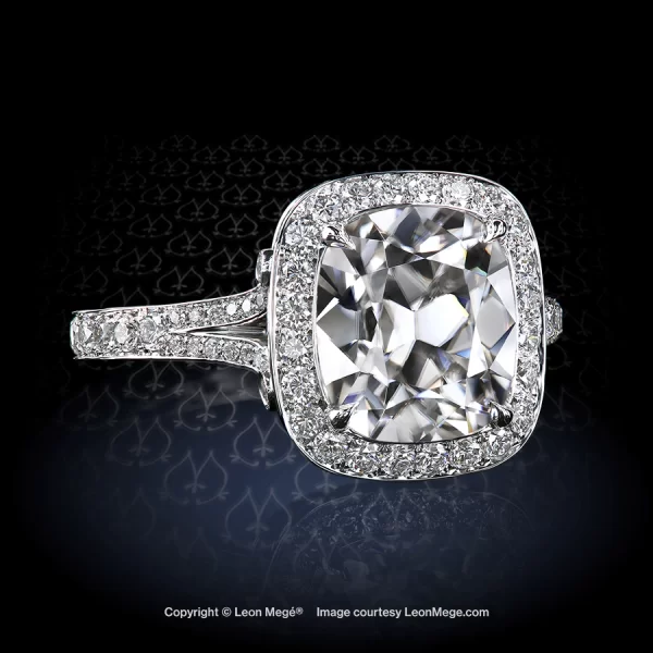 Leon Megé exclusive Cold Fusion™ ring with a True Antique™ cushion Blonde™ Moissanite r7805