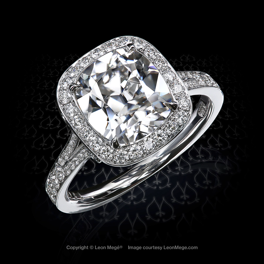 Cold Fusion™ halo ring, featuring Antique cut cushion moissanite by Leon Mege