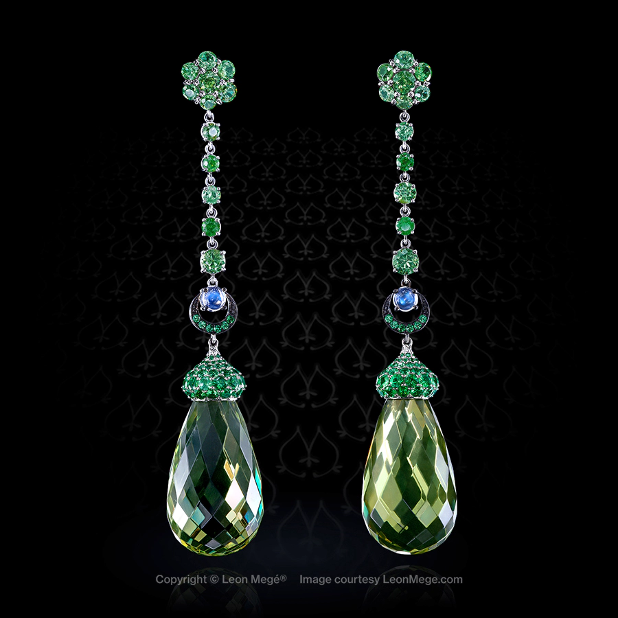 Leon Megé enchanted "Barie" earrings with green amber briolette's, garnets, and moonstones e7776