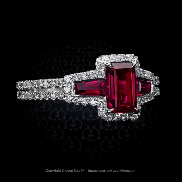 Leon Mege Montpassier™ ring with emerald-cut and tapered baguette rubies in micro pave r7802