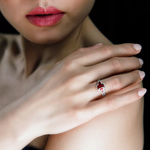 Leon Mege Montpassier™ ring with emerald-cut and tapered baguette rubies in micro pave r7802