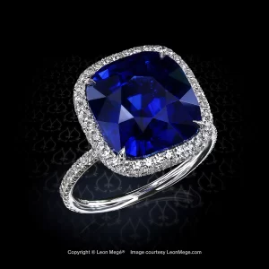 14 carat cushion blue sapphire in a platinum bespoke 821™ halo ring by Leon Mege