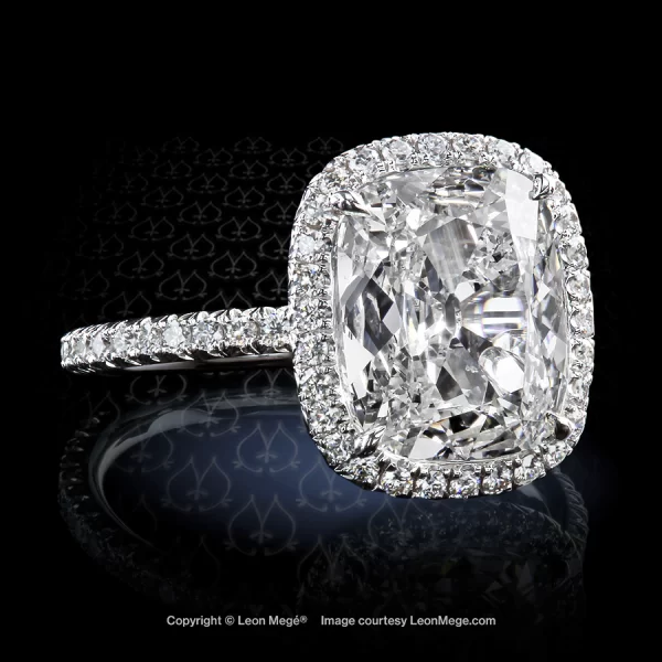 Leon Megé bespoke 811™ halo ring featuring a cushion diamond in a brilliant micro pave halo r7539