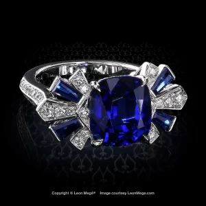 Antique reproduction ring, featuring 4.88 carat cushion blue sapphire by Leon Mege.