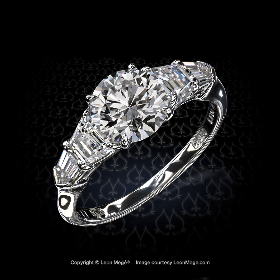 Classic five-stone ring, featuring 1.41 carat round diamond with diamond trapezoids and diamond bullets by Leon Mege