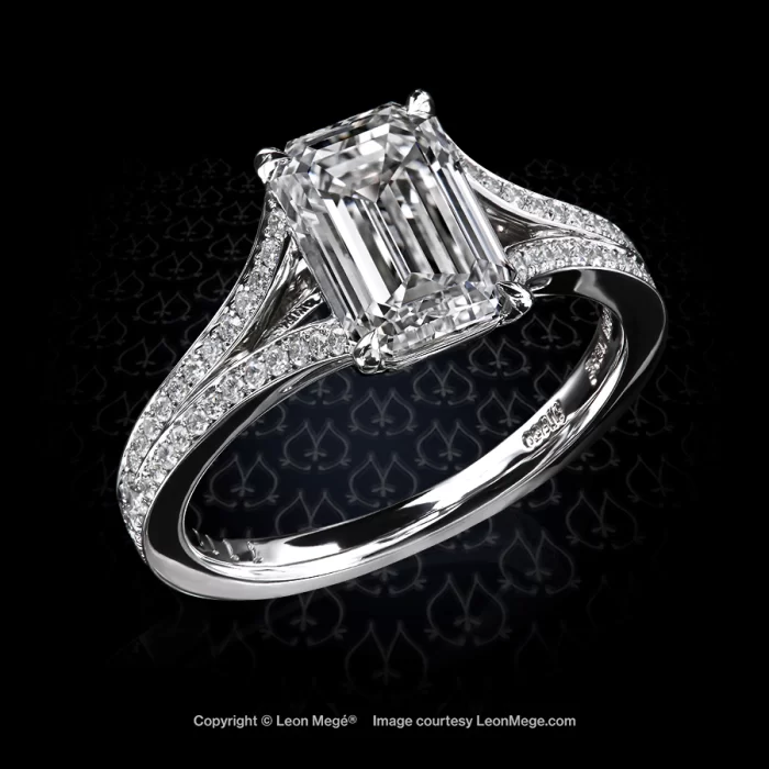 Split shank solitaire ring, featuring 2.53 carat emerald diamond set in a handmade platinum mounting by Leon Mege