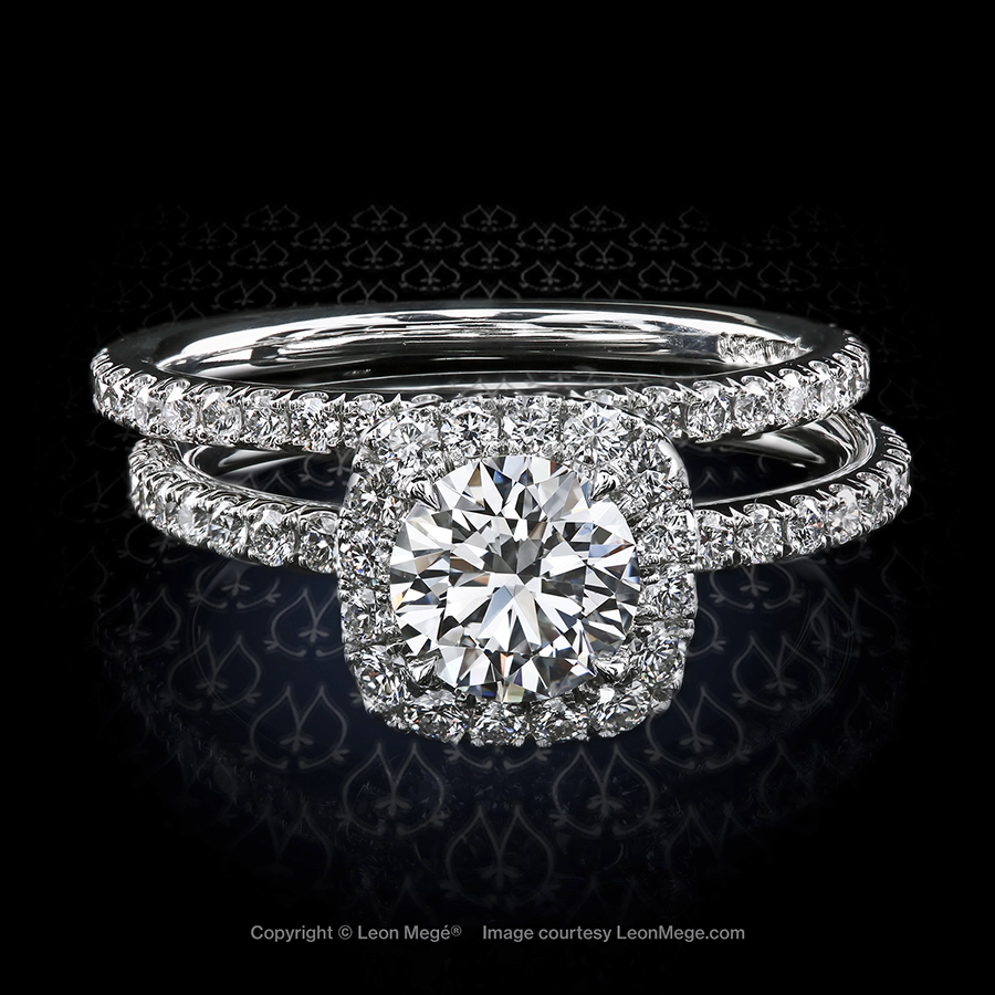 811™ platinum cushion halo ring, featuring 0.81 carat round diamond handmade by Leon Mege.