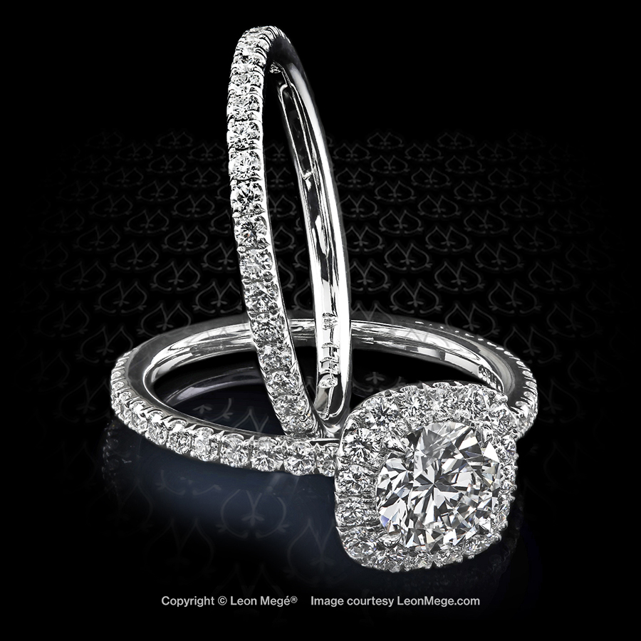 811™ platinum cushion halo ring, featuring 0.89 carat round diamond handmade by Leon Mege.