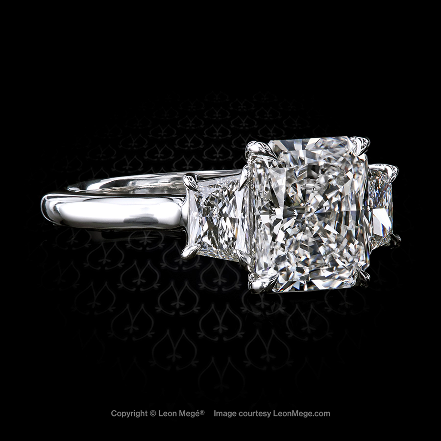 Leon Mege classic three-stone ring with a radiant diamond and two diamond trapezoids r7789