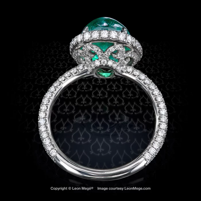 Leon Megé bespoke right-hand micro-pave halo ring with a natural cab emerald r7864