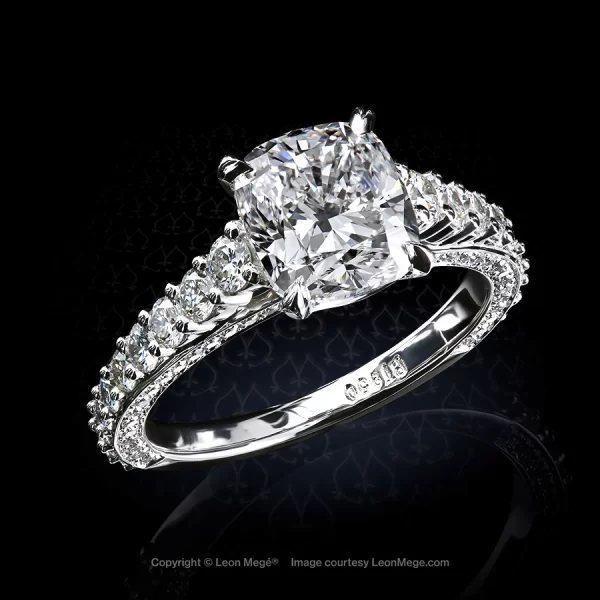Custom made solitaire ring featuring 2.60 carat cushion diamond in a unique platinum pave setting by Leon Mege