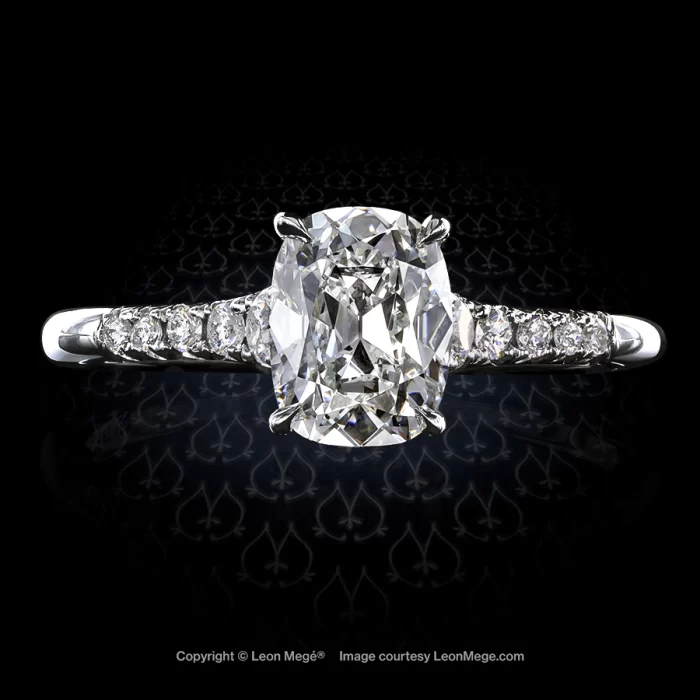 Leon Megé solitaire with graduated diamonds featuring a True Antique™ cushion diamond r7277