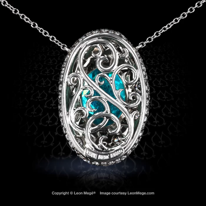 Custom made halo pendant, featuring certified 4.95 carat cushion blue Paraiba tourmaline by Leon Mege