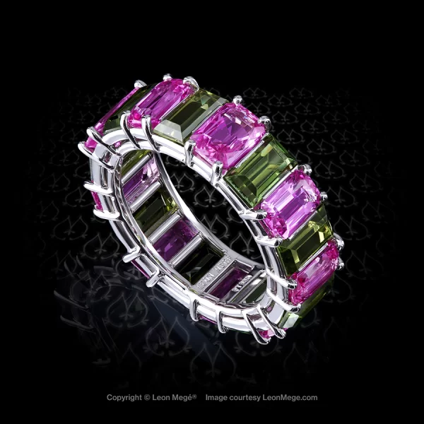 Leon Megé shared prong multi-colored band with natural pink and olive sapphires in platinum r7811