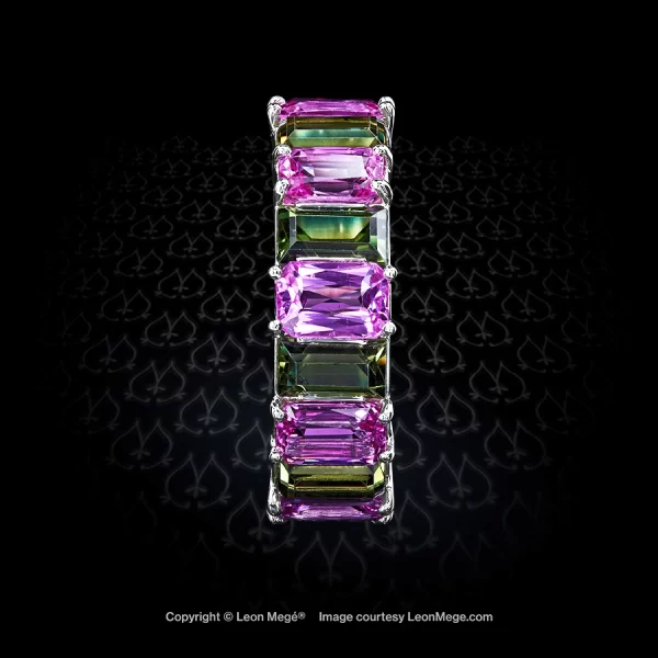 Platinum eternity band with alternating green and pink sapphires by Leon Mege
