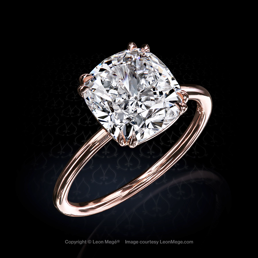 Modern engagement ring in 18K rose gold with 3.24 ct cushion diamond by Leon Mege