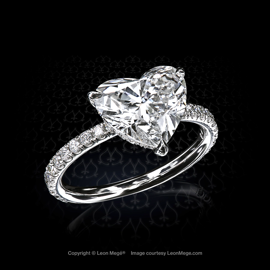 Micro pave platinum engagement solitaire featuring 3.04 carat heart-shape diamond by Leon Mege
