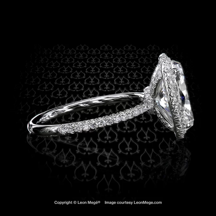 Micro pave oval diamond halo ring in platinum by Leon Mege with 2.81 carat natural diamond