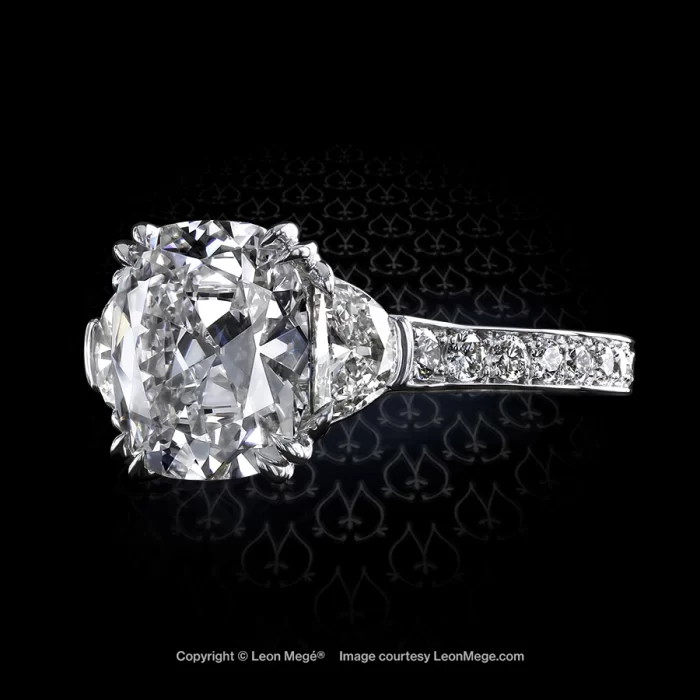 Leon Mege three-stone ring with a True Antique™ cushion diamond and bright-cut pave r7469