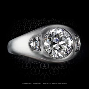 Leon Megé "Gypsy-style" solid 18K white gold ring with a brushed finish centering an Old European cut diamond and diamond chevrons r7803