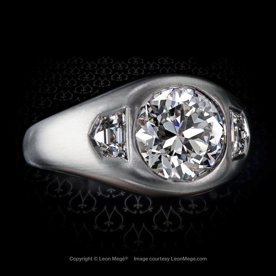 Leon Mege three-stone diamond ring with 3 carat old European diamond in white gold gypsy-style mounting