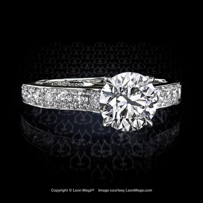 301™ solitaire engagement ring, featuring 2.01 carat round diamond with bright-cut pave on the shank by Leon Mege
