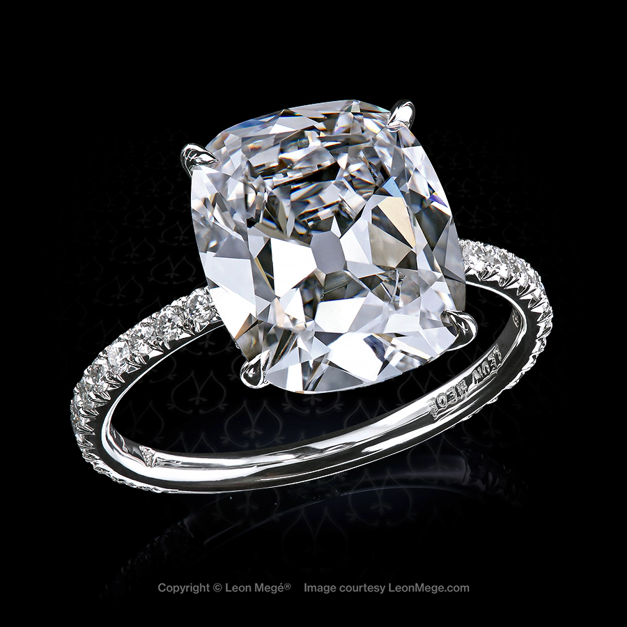 3.37 carat true antique cushion diamond ring with micro-pave in platinum hand-forged by Leon Mege jewelers