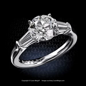 Leon Megé hand-forged classic three-stone ring with a round Old European cut diamond and tapered baguettes in platinum r7922