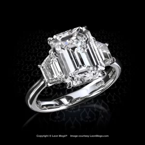 4-carat emerald-cut diamond three-stone ring with trapezoid diamonds by Leon Mege
