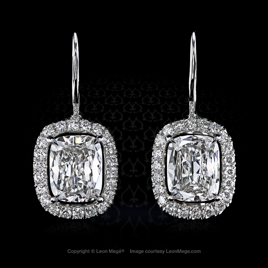 Leon Megé French wire drops with elongated True Antique™ cushion diamonds in micro pave halo e7946