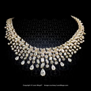 Custom made fancy-shaped diamonds in a handmade necklace by Leon Mege.
