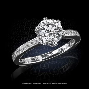 Custom made solitaire with six prong Tiffany style setting and bright-cut pave, featuring 1.49 carat round diamond set by Leon Mege jewelers.