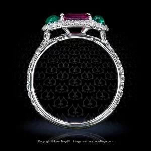 Three-stone “Monpassier” with ruby and cabochon emeralds surrounded by diamond micro pave by Leon Mege.