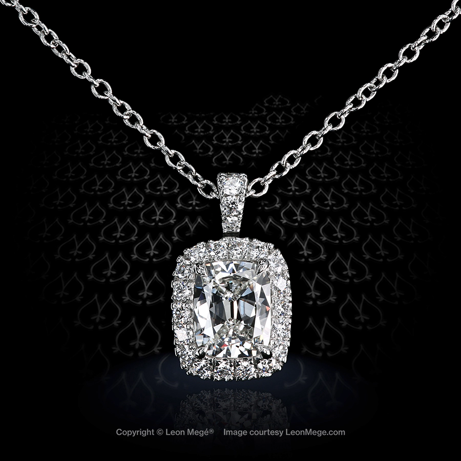 Leon Megé True Antique™ cushion diamond in a handmade pendant with micro pave halo p8018