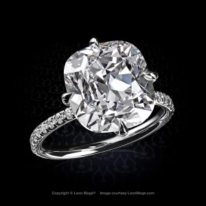 Leon Mege diamond solitaire ring with true antique cushion diamonds and micro pave in platinum bespoke design