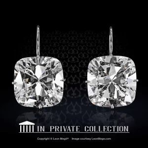 Leon Mege Brooklyn Twins II important eardrops with True Antique cushion diamonds over 30-carat each in delicate compass prongs e8041