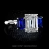 Leon Megé bespoke platinum engagement three-stone ring with an emerald cut diamond and a matching pair of natural blue sapphires r7459